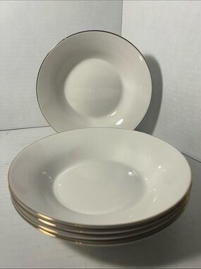 White Porcelain Dinner Bowls with Gold Trim - Set of 5 8 inch Bowls